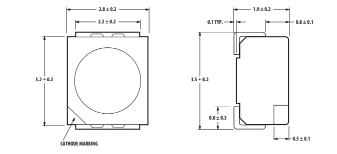 Mechanical Drawing - Broadcom OneWhite Surface-Mount PLCC-2 LED Indicators