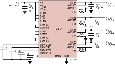 Applikations-Schaltungsdiagramm - Analog Devices Inc. LTM4671 Quad-µModule-DC/DC-Regler