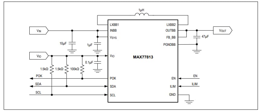 Applikations-Schaltungsdiagramm - Analog Devices / Maxim Integrated MAX77813 Auf-/Abwärtswandler mit hohem Wirkungsgrad