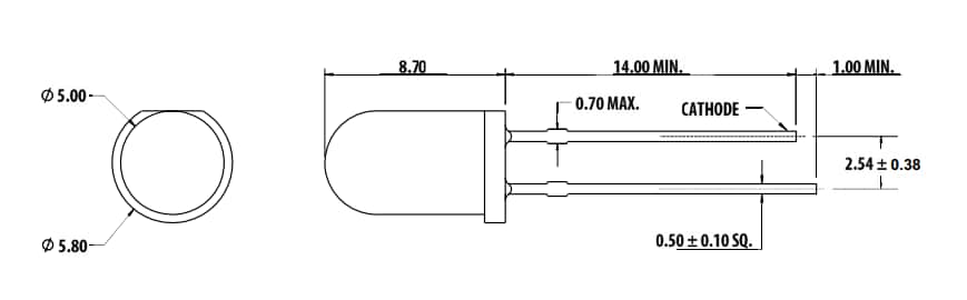 Technische Zeichnung - Broadcom Runde 5-mm-Infrarot-LED-Lampen