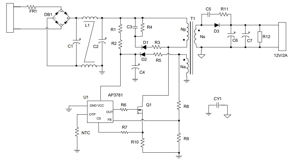 Applikations-Schaltungsdiagramm - Diodes Incorporated AP3781 AC/DC-Stromversorgungs-Controller
