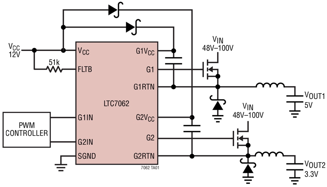 Applikations-Schaltungsdiagramm - Analog Devices Inc. LTC7062 Dual-High-Side-MOSFET-Gate-Treiber