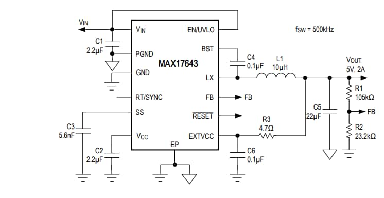 Applikations-Schaltungsdiagramm - Analog Devices / Maxim Integrated MAX17643 DC/DC-Abwärtswandler