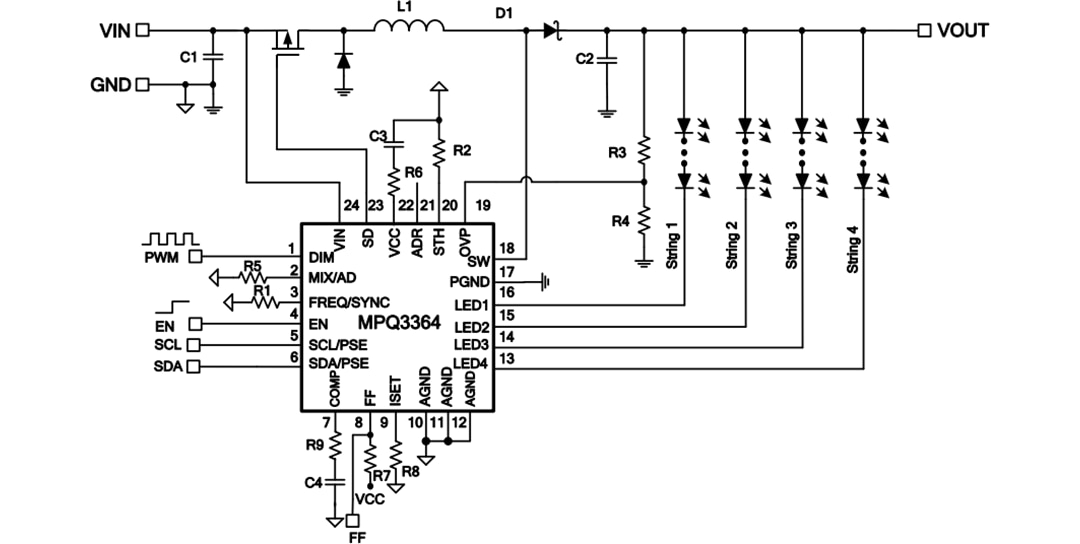 Application Circuit Diagram - Monolithic Power Systems (MPS) MPQ3364-AEC1 Four-Channel WLED Driver Application Circuit Diagram - Monolithic Power Systems (MPS) MPQ3364-AEC1 Four-Channel WLED Driver