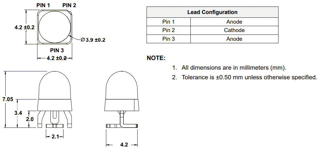Technische Zeichnung - Broadcom AEMD-Cx2L LEDs