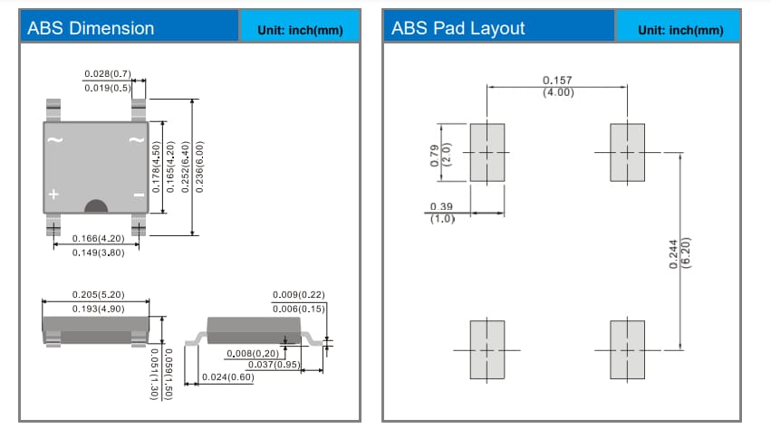 Mechanical Drawing - PANJIT ABS2MS Glass Passivated Bridge Rectifier