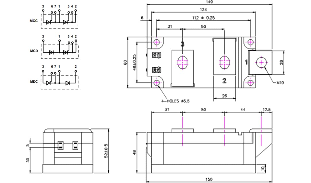 Technische Zeichnung - IXYS Mxx501 Dual-Thyristormodule Technische Zeichnung - IXYS Mxx501 Dual-Thyristormodule
