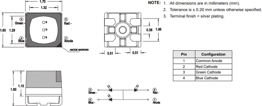 Technische Zeichnung - Broadcom ASCB-RTF2 Dreifarbige PLCC-4-LED