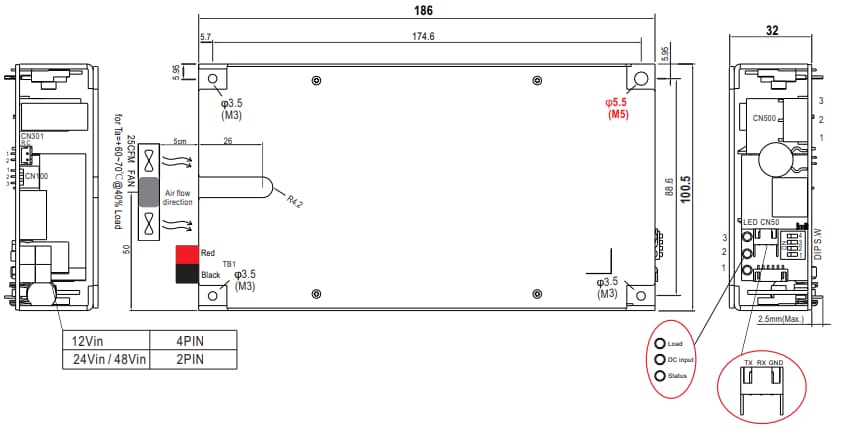Technische Zeichnung - MEAN WELL NTS-250P/400P DC/AC-Wechselrichter