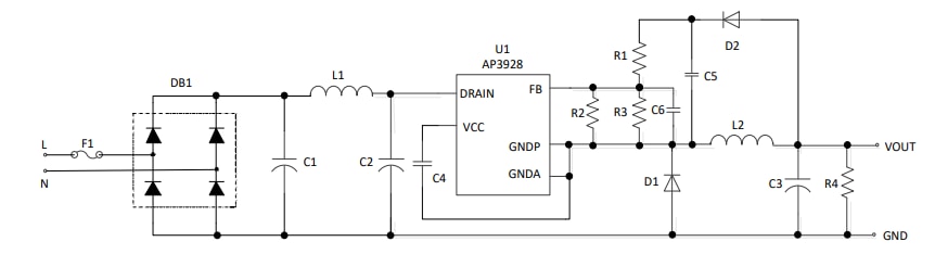 Applikations-Schaltungsdiagramm - Diodes Incorporated AP3928 Universal-AC-Abwärtsleistungsschalter