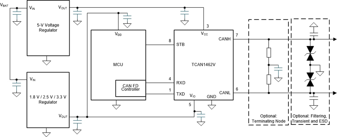 Applikations-Schaltungsdiagramm - Texas Instruments TCAN1462x-Q1 Automotive-SIC-CAN-FD-Transceiver Applikations-Schaltungsdiagramm - Texas Instruments TCAN1462x-Q1 Automotive-SIC-CAN-FD-Transceiver