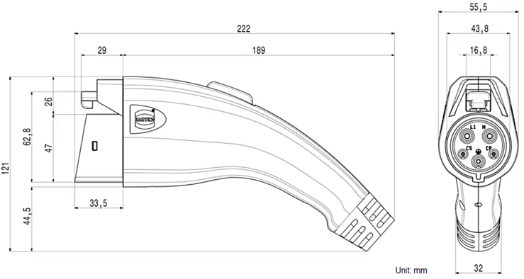 Technische Zeichnung - HARTING Typ 1 EV-Ladekabel
