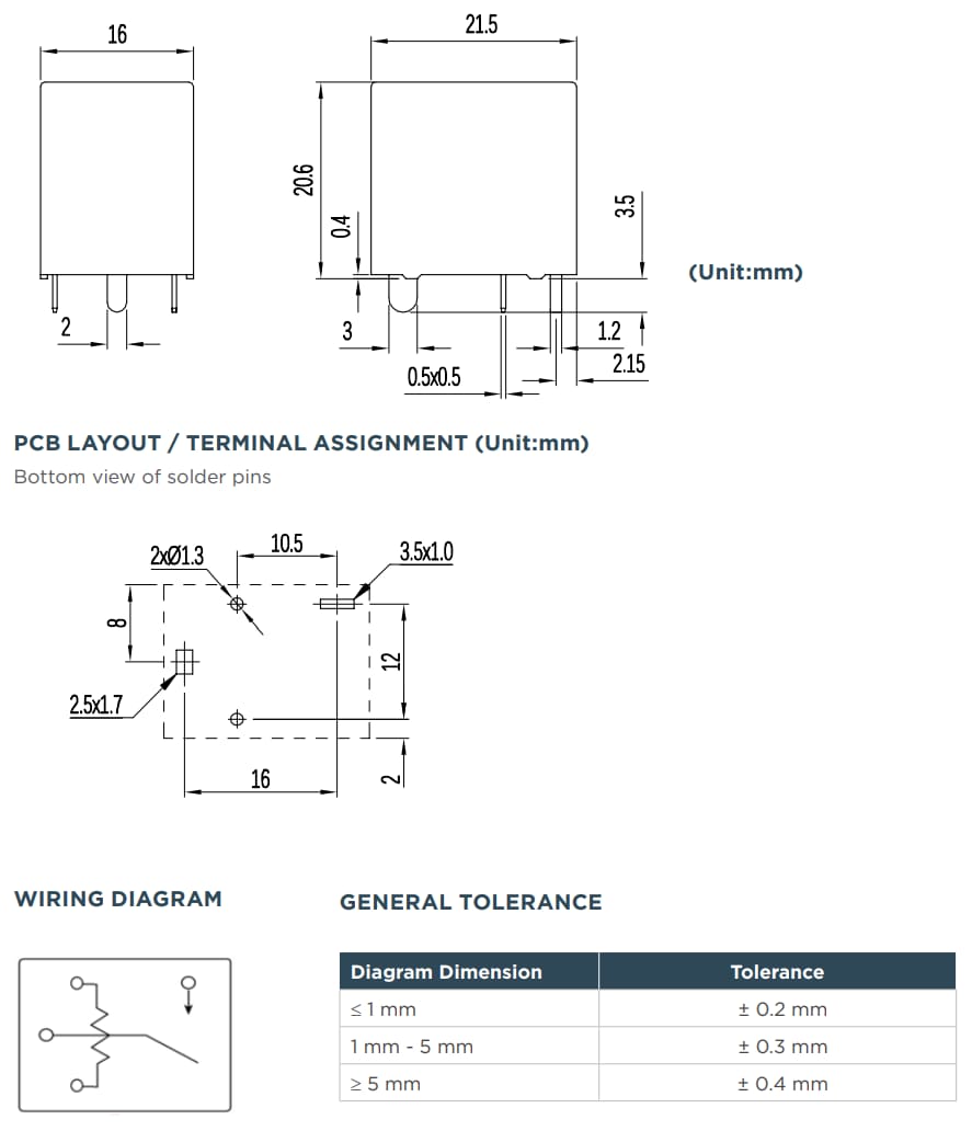 Technische Zeichnung - TE Connectivity T9F PCB-Leistungsrelais