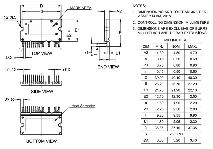 Technische Zeichnung - onsemi NXVF6532M3TG01 EliteSiC-H-Brücken-Leistungs-MOSFET mit 650 V