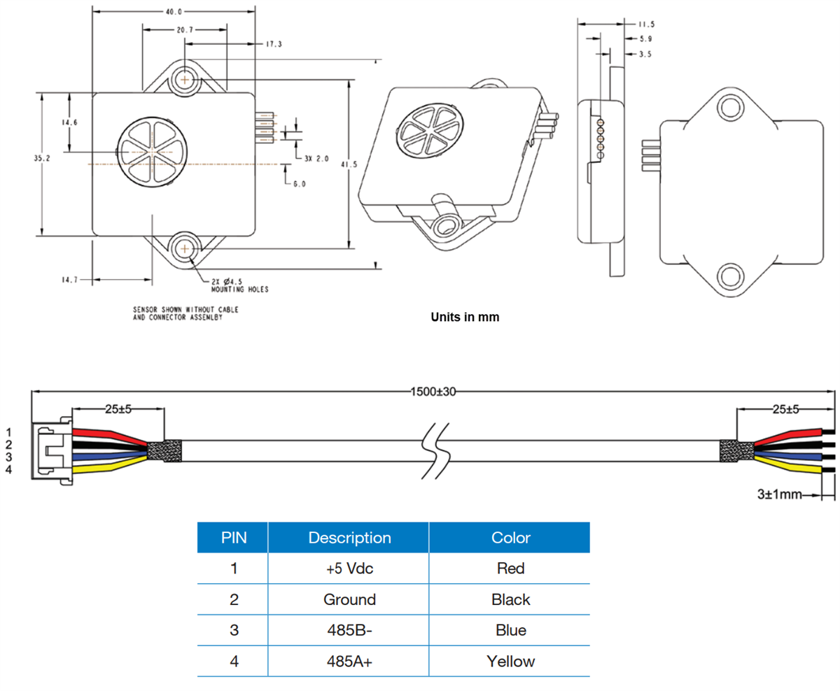 Technische Zeichnung - Amphenol Advanced Sensors T3400 A2L Kältemittelerkennungssensoren/Eval Kit