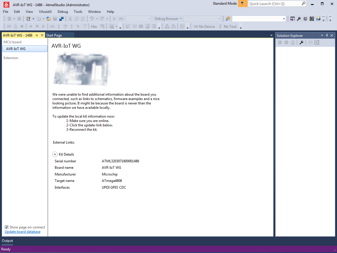 Screen capture showing the Initial AVR-IoT WG Page in Atmel Studio 7