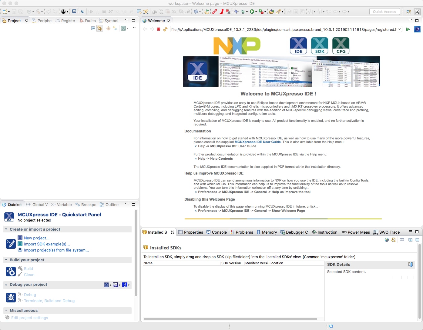 Screen image of the MCUXpresso Main Workspace