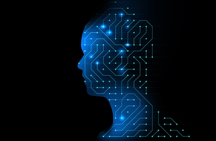 silhouette of virtual human on circuit pattern 3d illustration , represent artificial technology