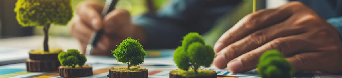 die Hand einer Person, die mit einem Stift auf ein Dokument schreibt, während vor ihr kleine Bäume in Töpfen auf dem Tisch stehen